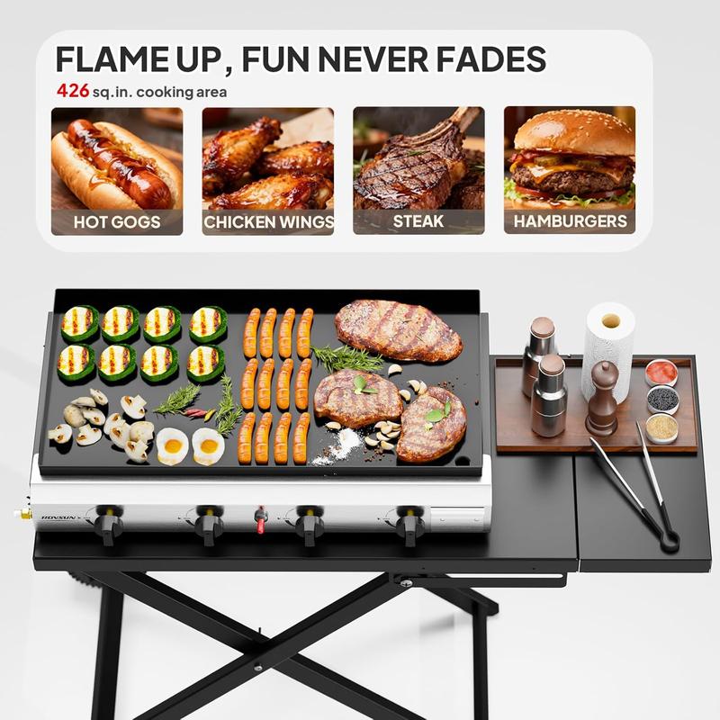 Plancha plegable de propano ROVSUN de 4 quemadores con ruedas y bandeja esmaltada, parrilla de gas portátil de superficie plana de 40000 BTU con encendido electrónico y regulador para cocinar al aire libre, acampar, barbacoas, picnics y eventos deportivos