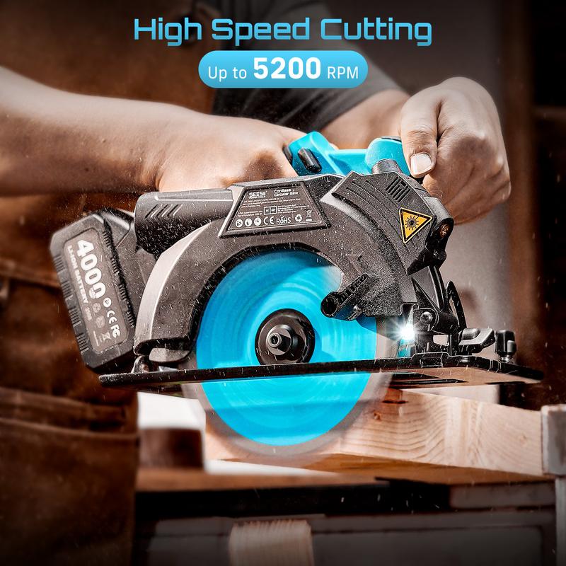 Sierra circular inalámbrica de 21 V MAX (6-1/2”) con guía láser, recargable (2 baterías de 4 Ah y mango auxiliar), profundidad de corte de 2-1/4”, 5200 RPM, capacidad de biselado de 0-45°, sierra circular portátil con profundidad ajustable para trabajos a