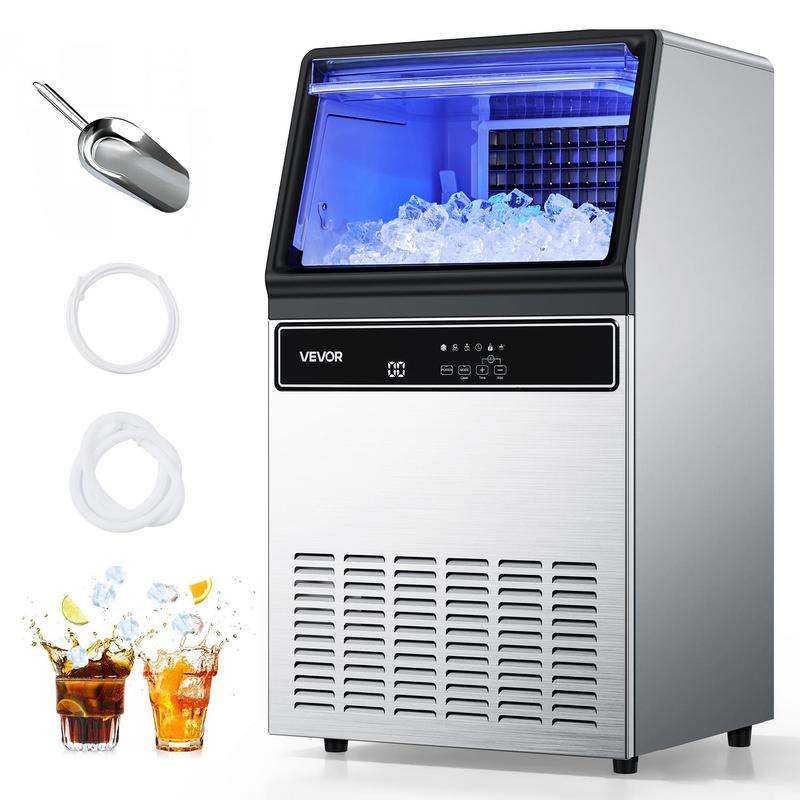 Máquina de hielo comercial, 130 libras/24 horas con almacenamiento de 33 libras, 45 cubitos por ciclo, de acero inoxidable, independiente o bajo mostrador, con pantalla LED y autolimpieza, para bar doméstico o restaurante.