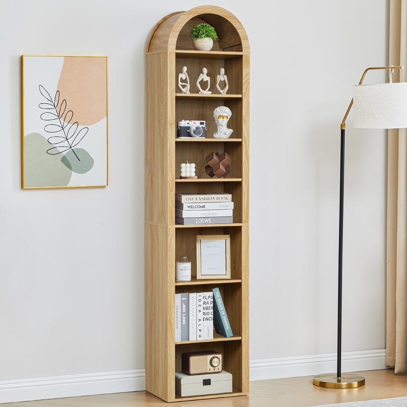 Estantería de madera arqueada FurSch de 178 cm de altura – Librería moderna de 8 niveles con estantes abiertos ajustables para almacenamiento en sala de estar y oficina.
