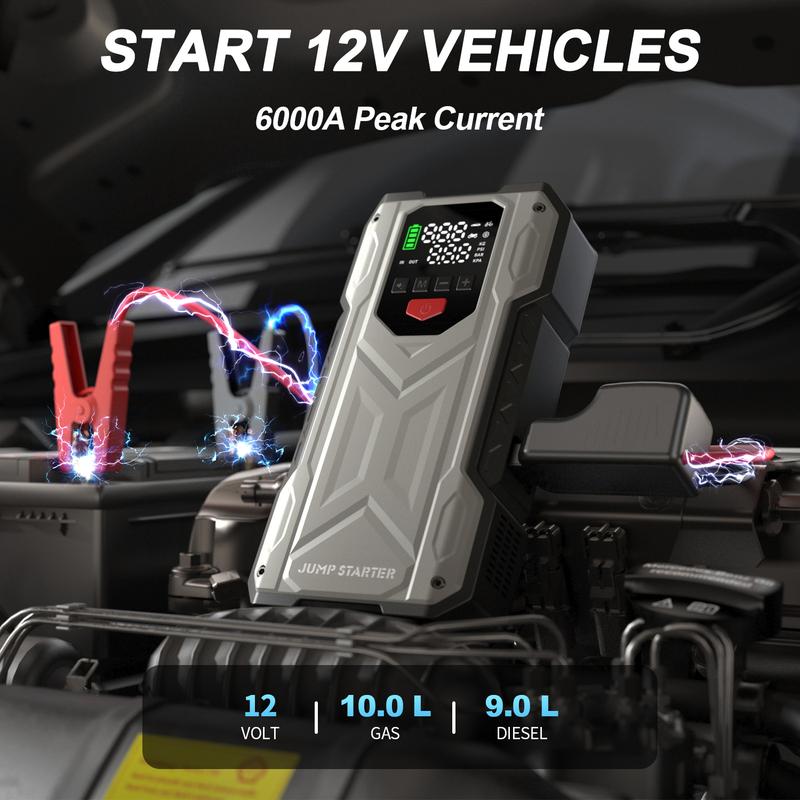 Arrancador de coche de 16000 mAh con compresor de aire incorporado - Arranque de vehículos de 12 V, compatible con modelos de gasolina de 10 L y diésel de 9 L, herramienta portátil multifuncional de rescate en carretera.