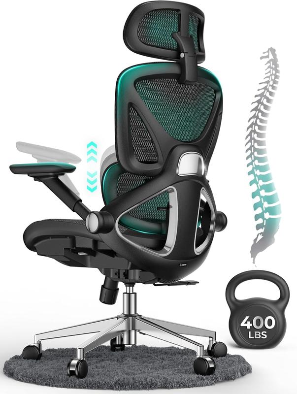 Silla de oficina ergonómica moderna ajustable CAPOT Aerovith de malla - Giro de 360 ​​grados, ruedas giratorias, excelente soporte lumbar, reposabrazos abatibles, asiento ajustable en altura, ideal para largas jornadas de trabajo en el escritorio, silla e