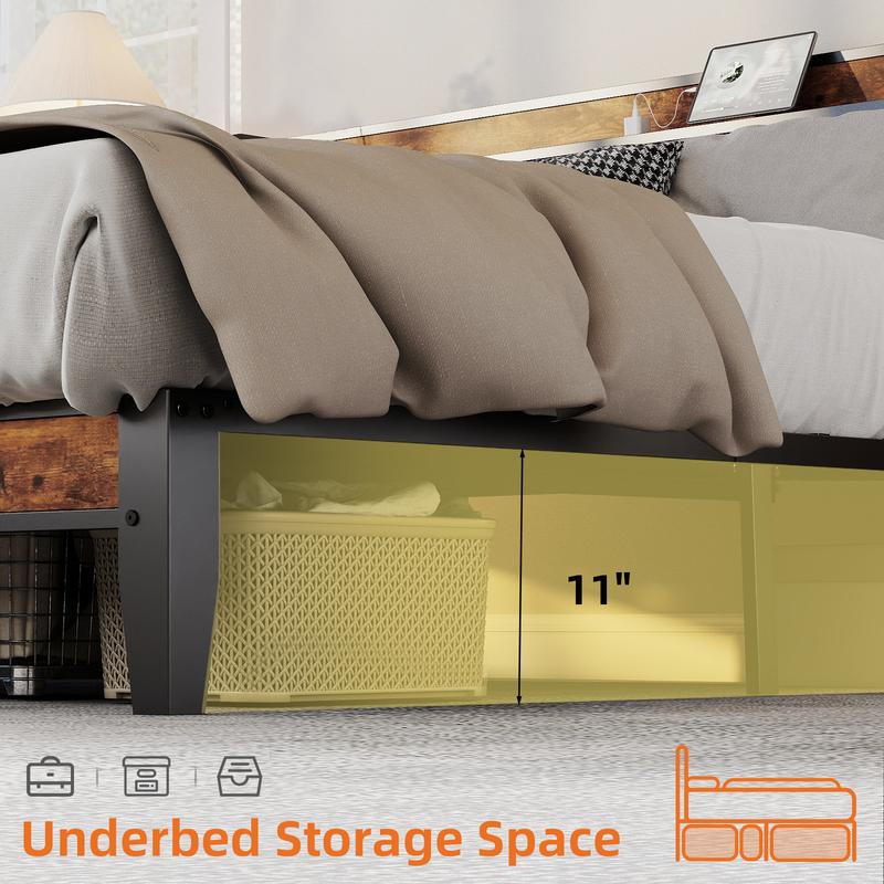 Estructura de cama completa con cabecero, espacio de almacenamiento debajo de la cama, puertos de carga integrados, diseño robusto y silencioso, montaje sin herramientas, no requiere somier.