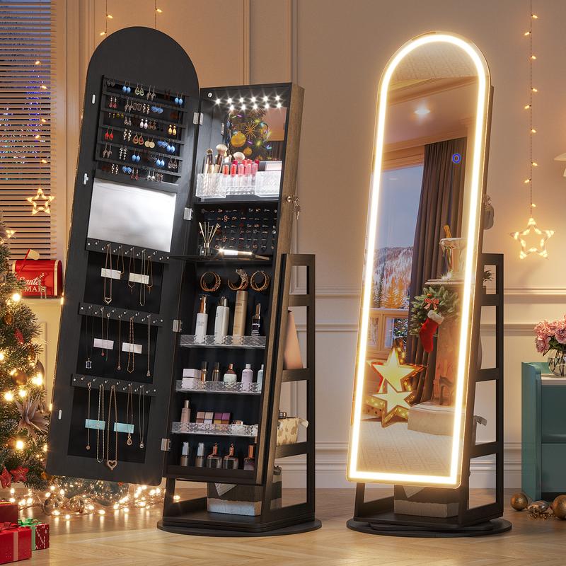Armario joyero con espejo LED de pie – Armario joyero con cerradura, espejo arqueado de cuerpo entero, luces LED ajustables, regalo ideal para el Día de la Madre, summerwins
