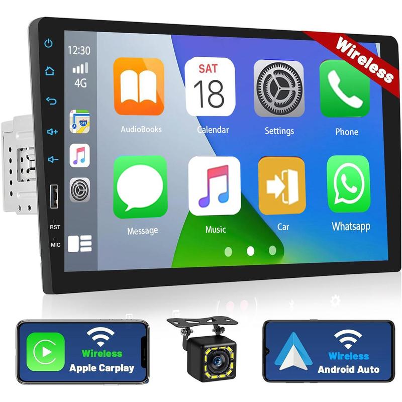 Radio inalámbrica Carplay de 9 pulgadas de un solo DIN con Bluetooth, pantalla táctil, sistema de audio para coche inalámbrico Android Auto con Mirror Link, radio FM RDS + cámara + micrófono