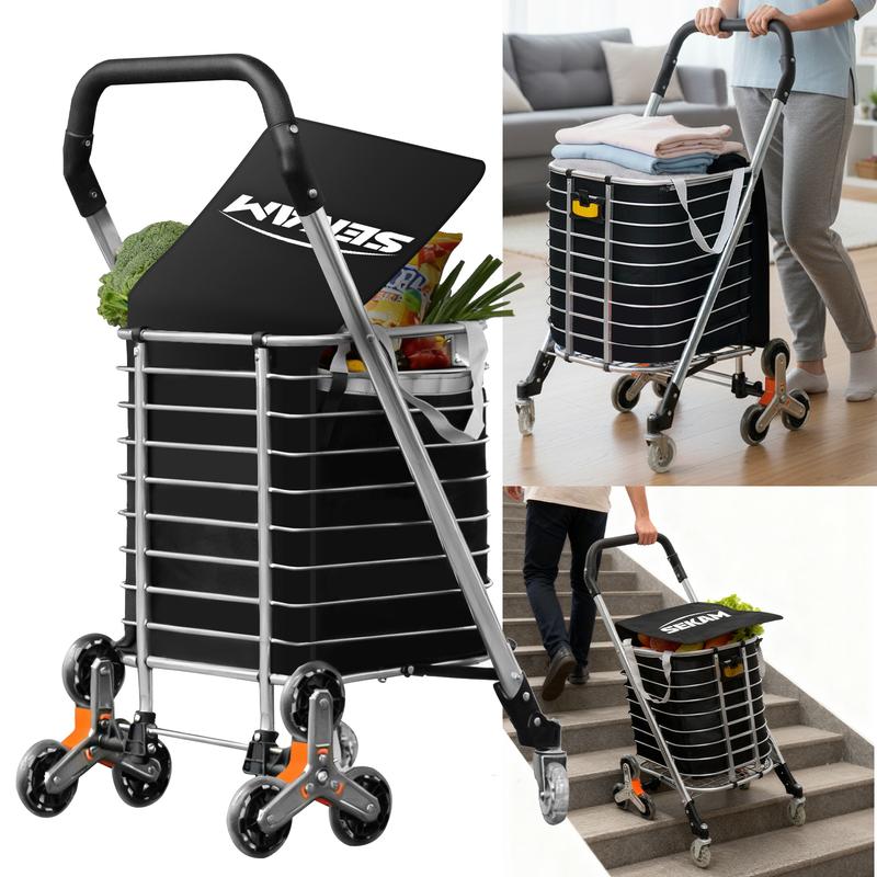 Carro plegable compacto SEKAM - Carro de tres ruedas resistente para subir escaleras con ruedas giratorias de 360°, carrito rodante para personas mayores, para compras, carro plegable, carro plegable plano, carro plegable multifuncional