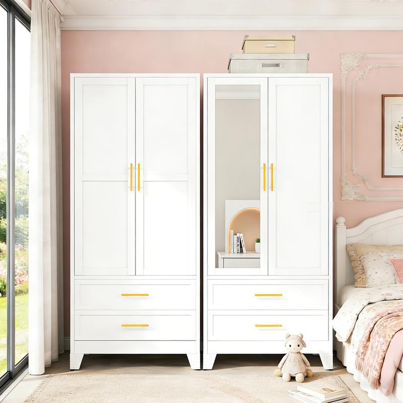 Armario metálico de 180 cm (71"), blanco, para dormitorio, con espejo, 1 cajón, estantes ajustables y barra para colgar ropa. Armario de acero independiente con espejo, ideal para dormitorio y habitación de invitados.