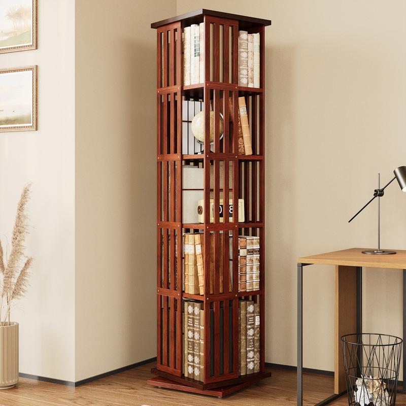 Estantería giratoria de 360° con cajones IRONCK de 60" y 5 niveles de madera de bambú, estantes ergonómicos ajustables, estante de almacenamiento giratorio para sala de estar y dormitorio.