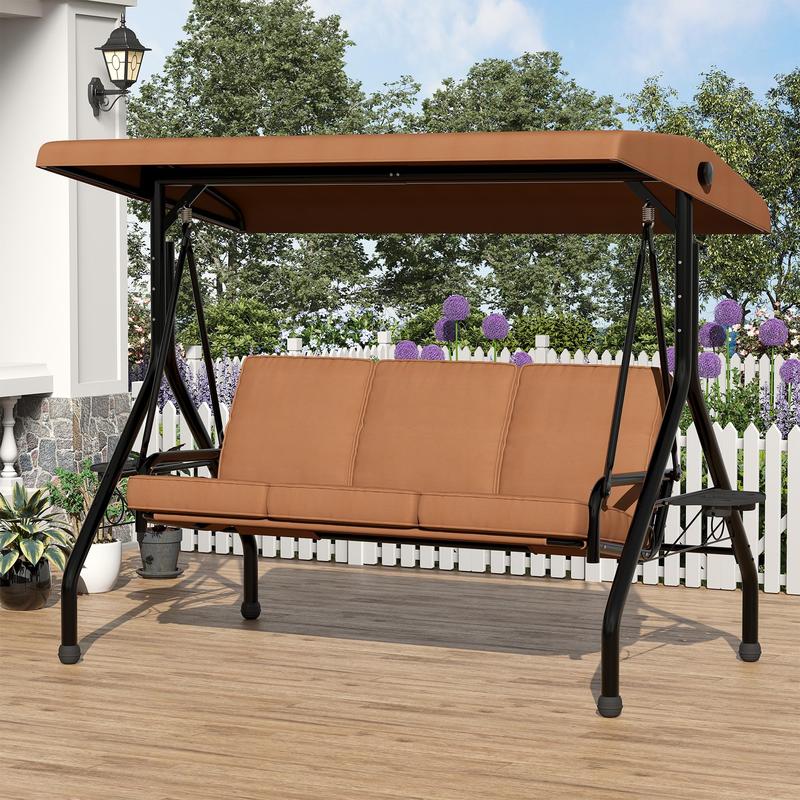 Silla colgante de exterior de 3 plazas con respaldo y toldo ajustables, cojines gruesos extraíbles, portavasos, estructura de acero resistente a la intemperie, banco sofá para patio, jardín, terraza o balcón, color marrón.