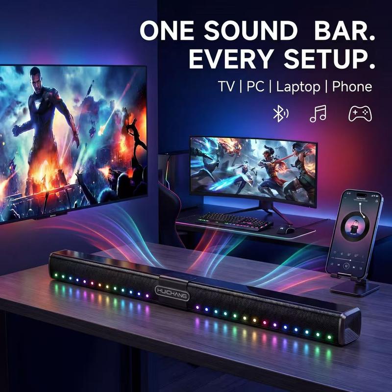 Barra de sonido RGB HUICHANG de 10 altavoces: diseño delgado de 88 cm (34,6") con Bluetooth 5.3 inalámbrico, potencia máxima de 300 W, graves profundos 9D, estéreo TWS, acabado en negro piano, entradas AUX/USB/coaxial, perfecta para cine en casa, TV, jueg