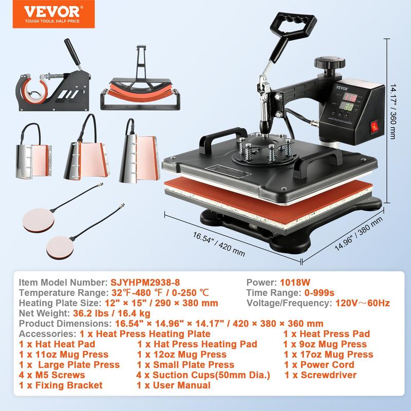 Prensa térmica de 15 x 15 pulgadas, 8 en 1, 800 W, para sublimación, rotación de 360°, función de giro, 8 en 1, para impresión de camisetas, calentamiento de doble tubo para camisetas, gorras y tazas DIY.