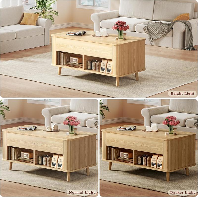 Mesa de centro elevable con almacenamiento, mesa de centro moderna de mediados de siglo de 104 cm con diseño de perfil estriado y curvo, compartimento de almacenamiento oculto, mesa de centro con estante inferior para sala de estar u oficina, roble.