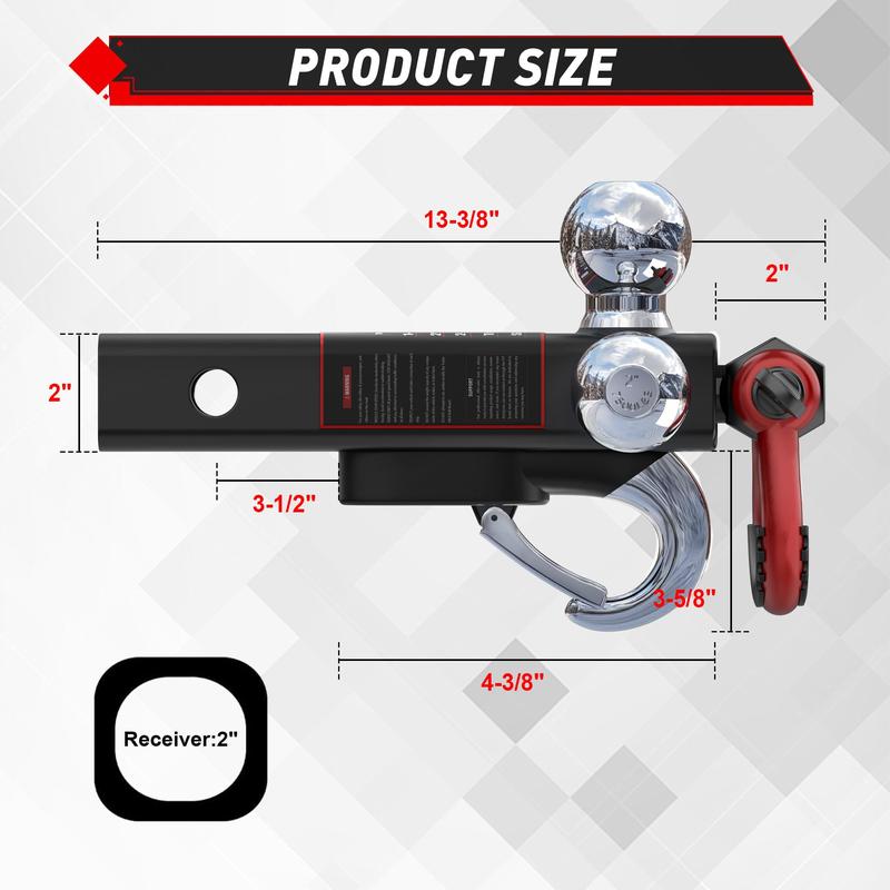 Enganche de remolque TYT ajustable de alta resistencia con tres bolas, compatible con receptores de 2 pulgadas, tres bolas (1-7/8", 2", 2-5/16"), soporte de bola sólido con gancho y grillete de remolque, pasador de bloqueo antirrobo, capacidad de carga to