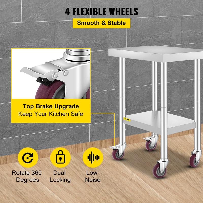 Mesa de trabajo VEVOR de acero inoxidable, varias especificaciones, con 4 ruedas, mesa de trabajo comercial de alta resistencia para preparación de alimentos con freno para trabajos de preparación de cocina, mesa de trabajo de acero inoxidable