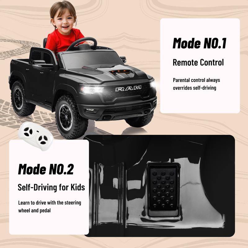 Primer coche eléctrico infantil Dodge RAM 1500 con control remoto, suspensión en las 4 ruedas, cinturón de seguridad de 5 puntos, Bluetooth MP3, luces LED, juguete eléctrico para niños de 3 a 6 años, el mejor regalo de Navidad para niños, Black Friday