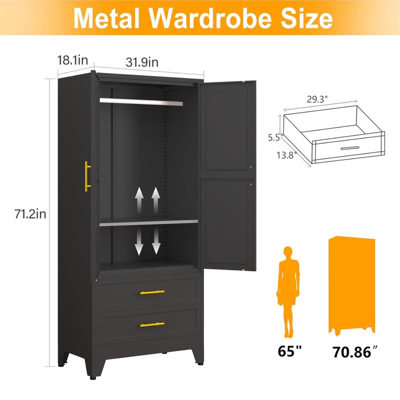 Armario metálico de 180 cm (71"), blanco, para dormitorio, con espejo, 1 cajón, estantes ajustables y barra para colgar ropa. Armario de acero independiente con espejo, ideal para dormitorio y habitación de invitados.