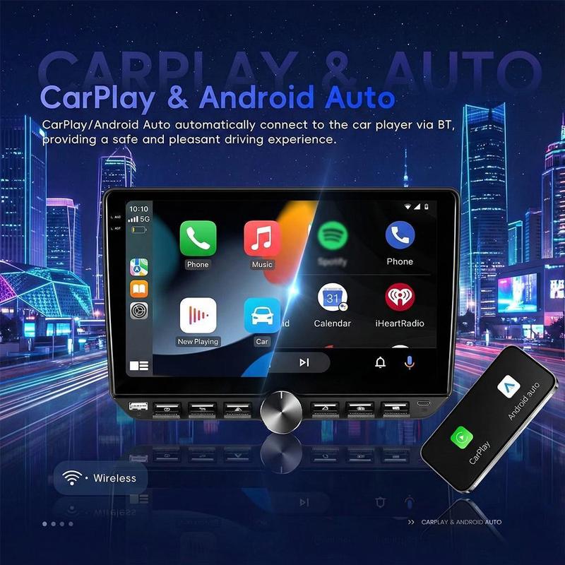Autoestéreo MP5 giratorio de 10.1 pulgadas, CarPlay inalámbrico y Android Auto, Android 15 (4 GB + 64 GB), Bluetooth 5.0, FM/RDS, 6 salidas RCA, pantalla táctil con control giratorio: una mejora en el entretenimiento a bordo.