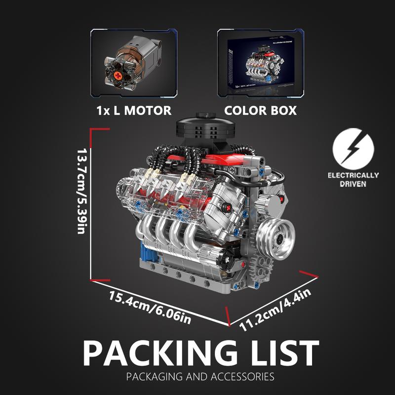 Kit de construcción de motor V8 funcional Kit de construcción de motor V8 eléctrico Juguetes de bloques de construcción de motor V8 Impulsado eléctricamente 487 piezas Kit de modelo Engranajes en funcionamiento Para entusiastas de la ingeniería mecánica R