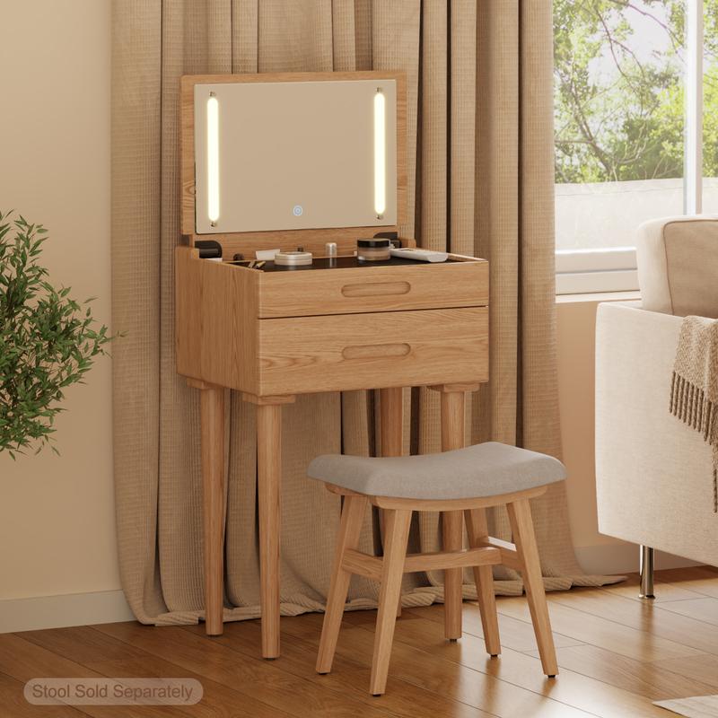 【NOVEDAD】Tocador compacto, mesa de maquillaje 100% de madera maciza, espejo abatible con luces, mesa de maquillaje que ahorra espacio con cajones, brillo ajustable, tocador elegante y funcional, ideal para espacios reducidos.