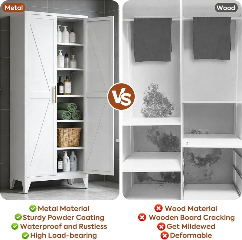 Armario despensa metálico de 190 cm de alto con puertas, armario despensa de cocina estilo rústico con 5 estantes ajustables para cocina, sala de estar, requiere montaje, blanco, 40 cm de profundidad x 80 cm de ancho x 190 cm de alto
