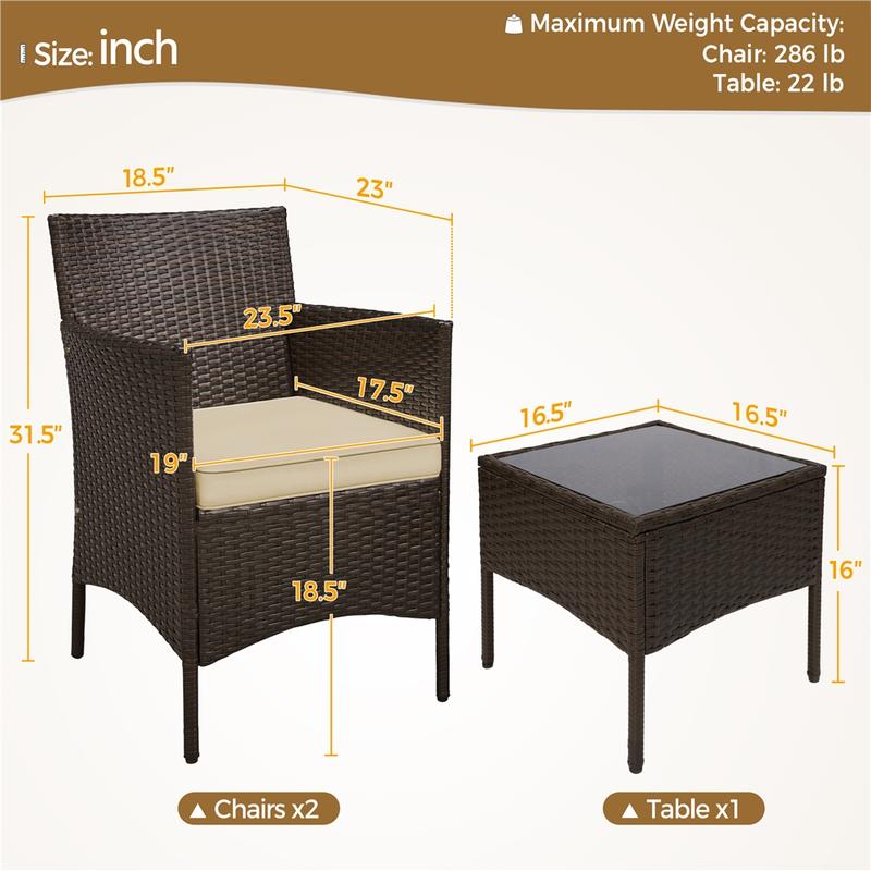 Conjunto de muebles de patio Yaheetech de 3 piezas, conjunto de muebles de ratán para exteriores, 2 sillas con cojines y 1 mesa auxiliar para bistró/porche/jardín/terraza/patio, decoración del hogar, artículos esenciales para acampar.