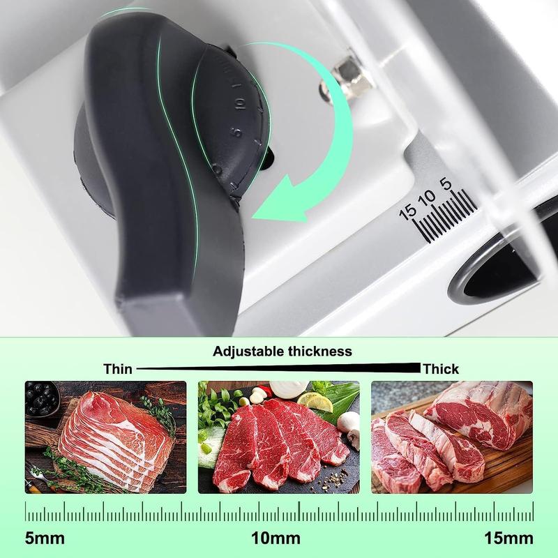 Cortadora de carne eléctrica para el hogar, cortadora de alimentos con cuchillas extraíbles de acero inoxidable de 17 cm (6,7 pulgadas), grosor ajustable de 0 a 15 mm, fácil de limpiar, 150 W, ideal para embutidos, queso, pan y frutas.
