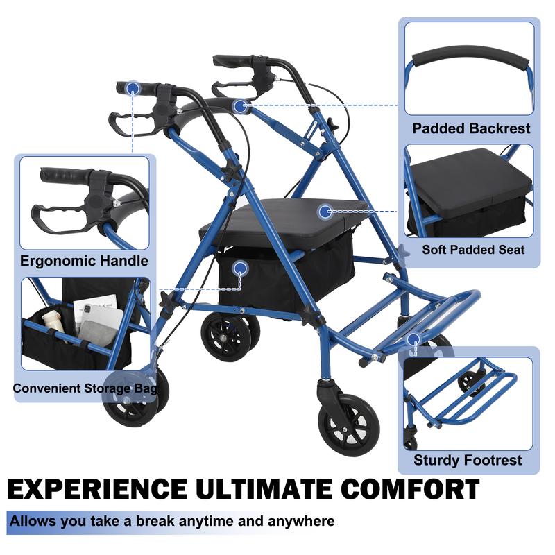 Andador plegable Garvee para personas mayores, asiento y respaldo acolchados, asas ergonómicas, bolsa de almacenamiento, reposapiés resistente, color azul.