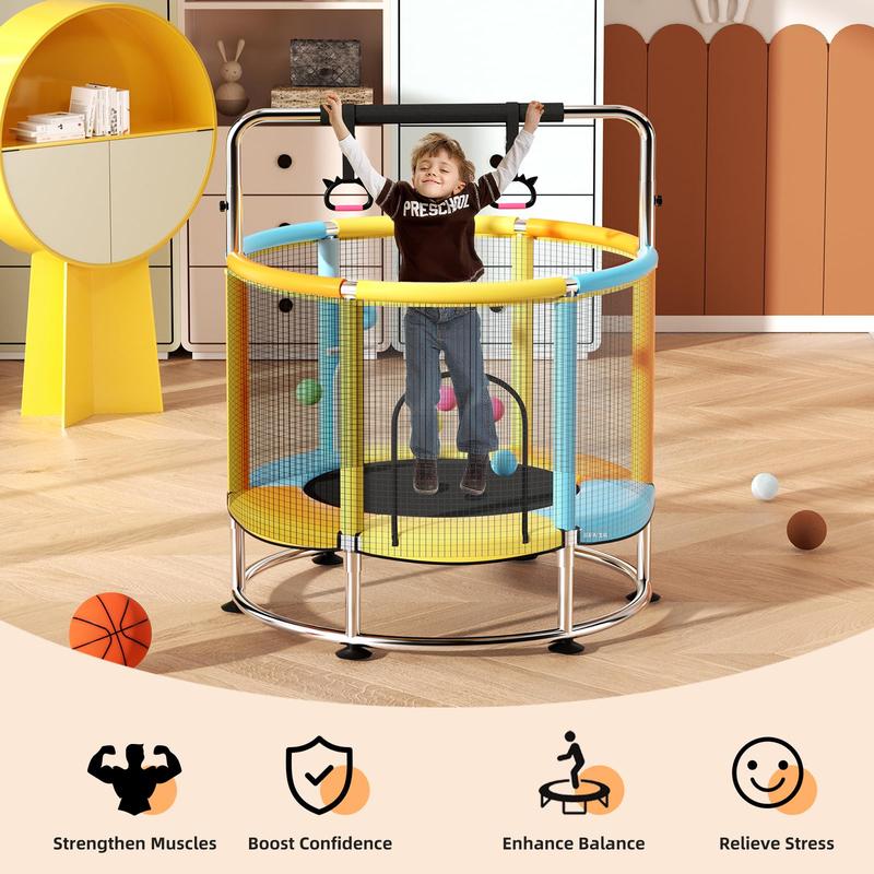 Cama elástica de 55" para niños, hasta 200 kg (440 lbs), mini cama elástica con base redonda antivuelco, cama elástica para niños pequeños para interiores y exteriores con red de seguridad, barras de gimnasia ajustables y aro de baloncesto.