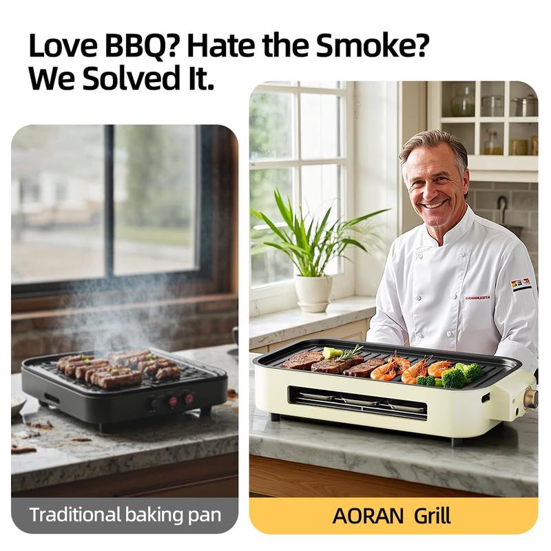 Parrilla eléctrica de interior sin humo AORAN KITCHEN de 1800 W con revestimiento antiadherente, plancha universal de acero inoxidable para barbacoa coreana en casa, multifuncional.