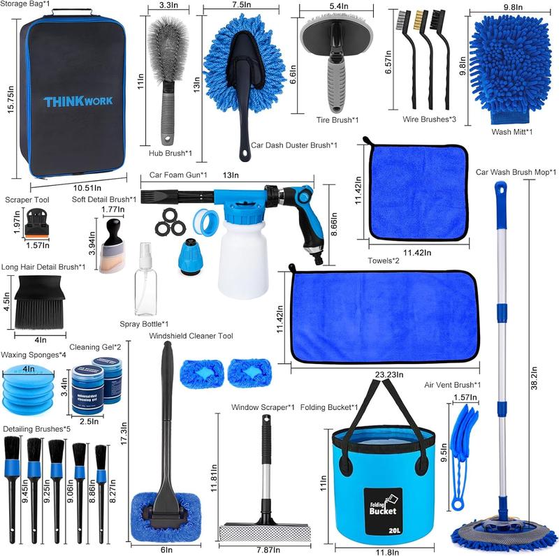 Kit de lavado de autos THINKWORK, kit de detallado de autos con pistola de espuma, cepillo, mopa y cubo plegable grande, adecuado para la limpieza de autos, set de lavado de autos azul, regalo para hombres y mujeres.