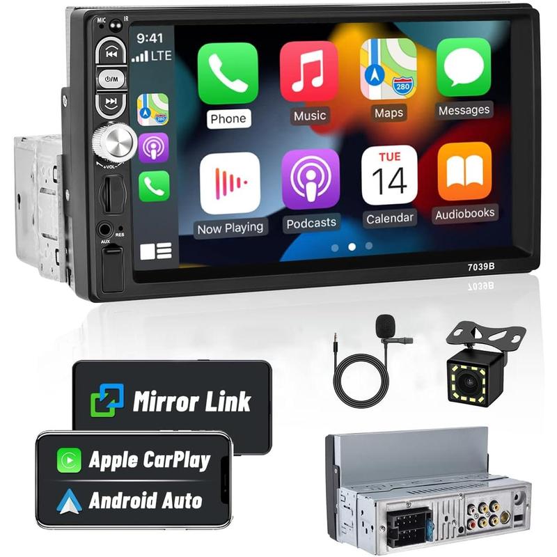 Autoestéreo DIN de 7 pulgadas con Carplay, Android Auto, Bluetooth, pantalla táctil 5.1, receptor de audio para automóvil con Mirror Link, radio FM, SWC, USB, AUX, tarjeta TF y cámara de reversa HD de 12 LED, SummerVibes, regalo del día del padre.