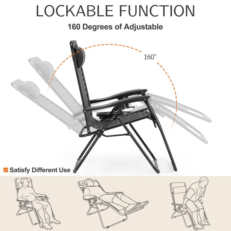 Juego de 2 sillas reclinables de gravedad cero SweetFurniture con bandejas portavasos, tumbonas plegables para camping, patio y exteriores con almohada ajustable para la piscina.