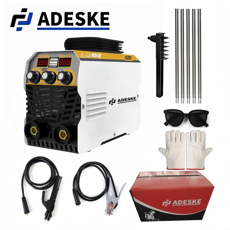 Máquina de soldar portátil ADESKE MMA-155 – Doble voltaje 110V/220V, salida de 120A, pantalla digital, protección contra sobrecarga, kit de soldadura completo para el hogar, reparación de automóviles y construcción.