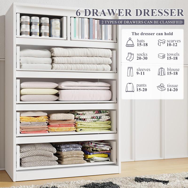 Cómoda Raybee de 6 cajones para dormitorio, cómoda moderna, cómoda negra con amplio organizador, cajón profundo y riel metálico liso.