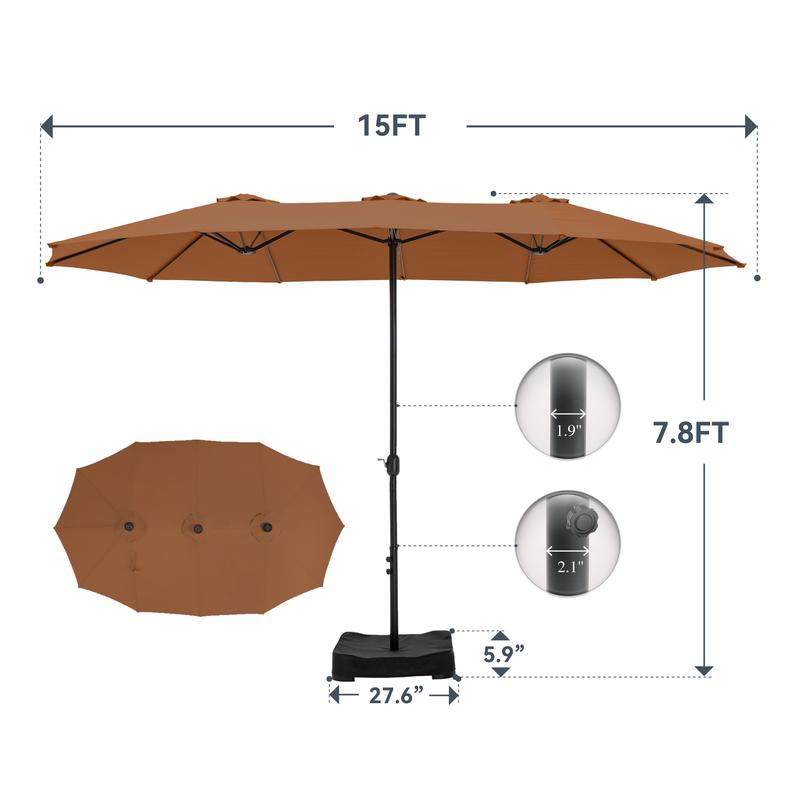 [Ambiente veraniego] Sombrilla de patio extragrande de 4,5 m con doble cara, base y luces LED - Estructura de acero grande, protección UV, base metálica incluida, manivela práctica