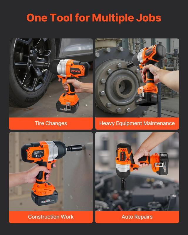 Llave de impacto inalámbrica VEVOR, 958.8 ft-lbs / 1300 N·m de alto torque, 1/2 pulgada, 20 V, con motor sin escobillas, 2 baterías de 4 Ah, cargador, 5 vasos y clip para cinturón, para neumáticos de coche y camión, regalos del día del padre.