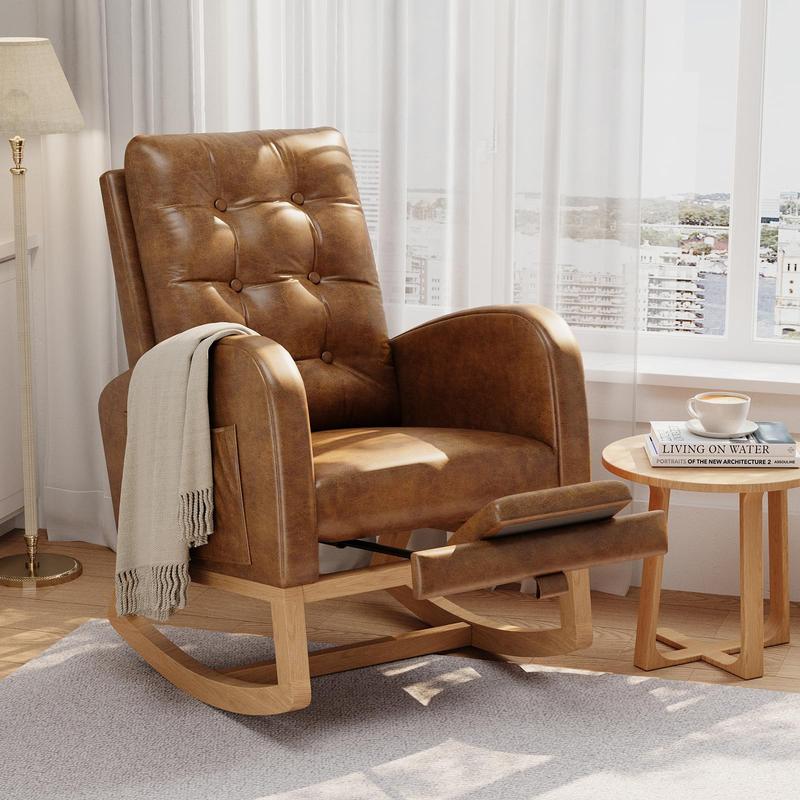 Mecedora reclinable moderna para guardería con carga USB, sillón mecedora tapizado de estilo mediados de siglo con respaldo alto, bolsillo lateral y patas de madera resistentes para cuarto de lactancia, dormitorio o sala de estar.