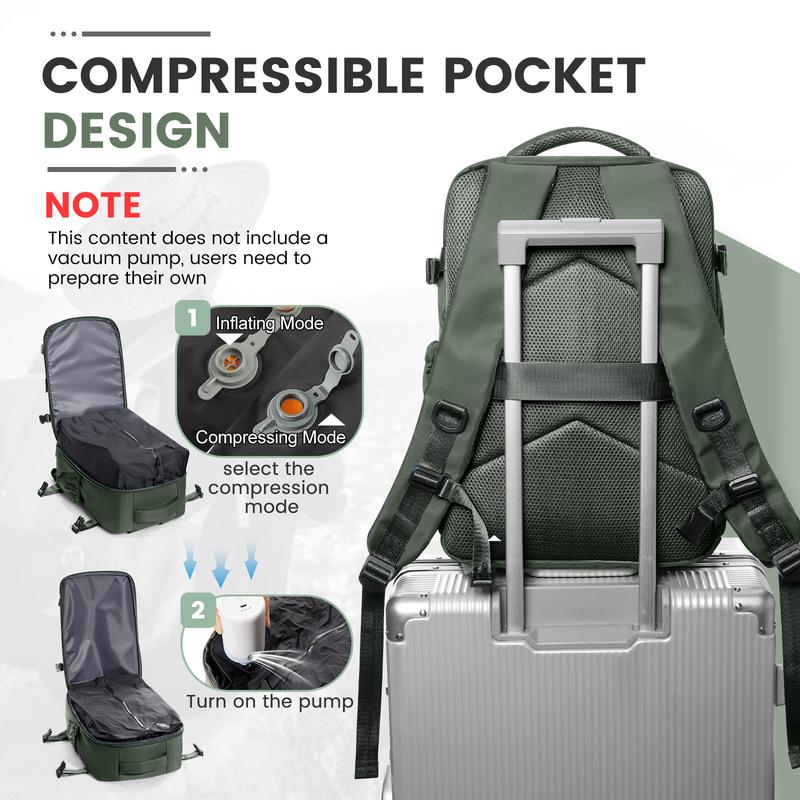 Mochila de viaje con cierre hermético al vacío, diseño unisex, tamaño homologado como equipaje de mano para viajes en avión, mochila portátil con bomba y sistema de vacío, color negro/verde/gris-marrón.