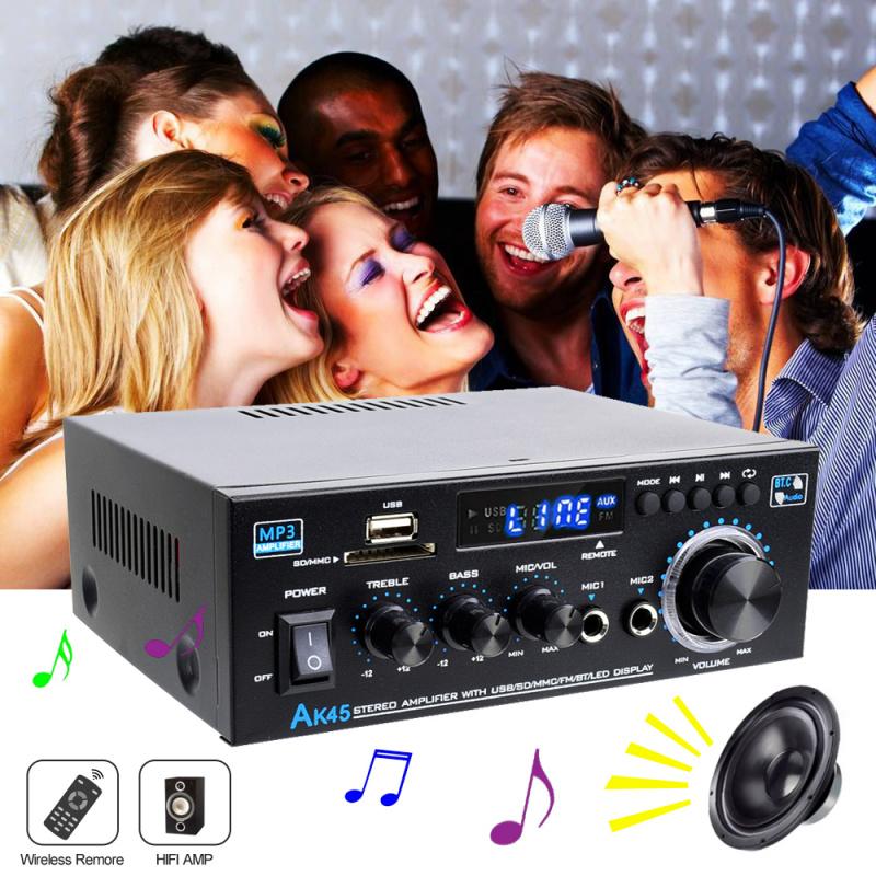 Amplificador estéreo Bluetooth 5.0 AK45 300W/AK45 Pro 400W HiFi de 2.0 canales con soporte para micrófono dual USB SD RCA para karaoke, cine en casa, fiestas y transmisión de audio. Máquina de karaoke summerwins