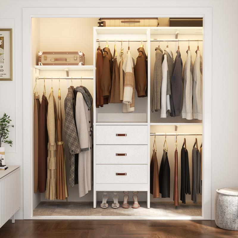 Armario vestidor Cyclysio de 152 cm de ancho con 3 compartimentos - Organizador de armario resistente de 1,5 m con cajones, barras para colgar ropa, 3 estantes y paneles ajustables, muebles para espacios pequeños, ideas de organización del hogar para habi