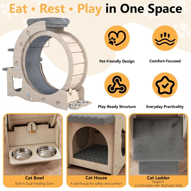 NAVINE Rueda de ejercicio para gatos de 40" para gatos de interior, cinta de correr para gatos con nido, rueda con cierre de seguridad, rascador, casita, escalera y comedero.