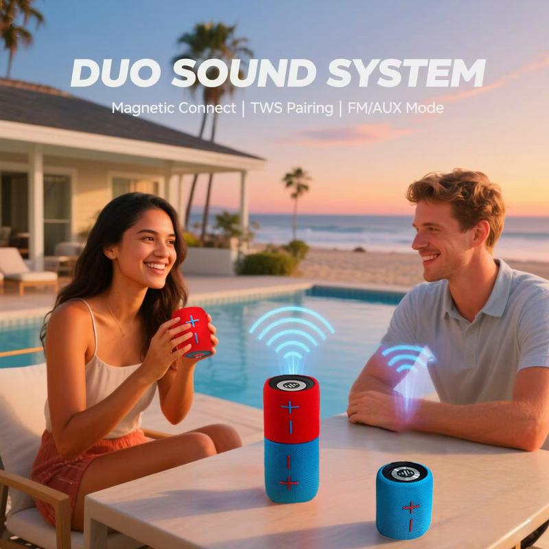 Altavoz Bluetooth portátil Stromberg TWIN con diseño magnético 2 en 1, resistente al agua IPX4, 10 horas de reproducción, emparejamiento TWS, radio FM BT5.3 para fiestas en casa, exteriores y playa, audio estéreo, subwoofer de 20 W, Dolphin Audio.