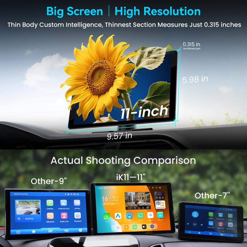 IIWEY iK11 Pantalla inalámbrica extragrande de 11 pulgadas con Apple CarPlay para coche – Estéreo para coche con pantalla táctil ultradelgada de 0,16 pulgadas con Android Auto, cámara de salpicadero 4K, cámara de marcha atrás 1080p, GPS, Mirror Link, cont