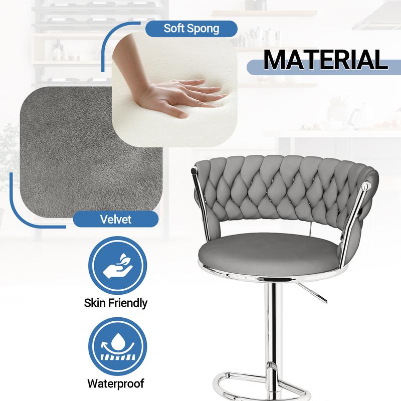 Juego de 2 taburetes de bar de terciopelo, sillas de bar minimalistas con altura ajustable, sillas tapizadas para isla de cocina, beige, negro, gris summergarden