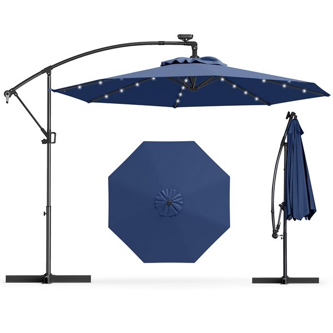 Sombrilla de patio solar giratoria de 360° de 3 metros, sombrilla de exterior con brazo lateral descentrado, fácil ajuste de inclinación, manivela y base en cruz para piscina, terraza, jardín o patio trasero.