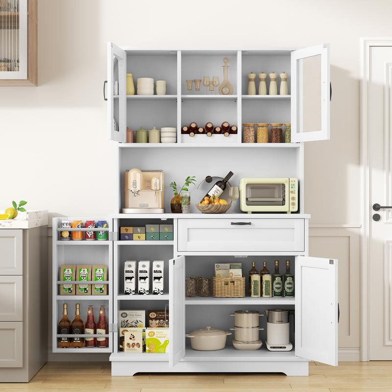 Armario de cocina Walsunny ajustable, aparador independiente con soporte para microondas, 4 puertas con estantes, estantes ajustables y botellero, color blanco.