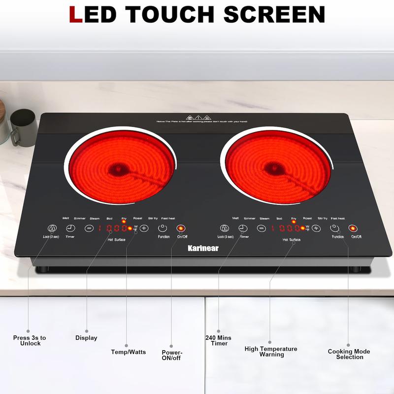 Placa de cocina eléctrica portátil multifunción Karinear de 2 quemadores, cocina eléctrica con control táctil, bloqueo de seguridad para niños, temporizador, protección contra sobrecalentamiento, electrodoméstico de cocina, placa de cocina portátil.