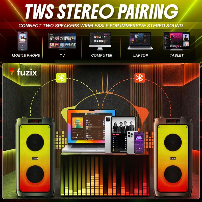 Altavoz portátil Bluetooth Fuzix Pulse de 30 W para fiestas, micrófono inalámbrico para karaoke, luces LED dinámicas, emparejamiento estéreo TWS, radio FM, Bluetooth 5.3, carga USB-C, entrada AUX, tarjeta TF y MicroSD, control remoto, perillas de eco y ec