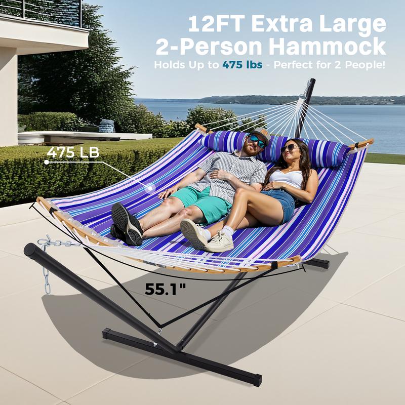 Hamaca doble portátil SUPERJARE de tela ajustable a rayas con soporte, hamaca acolchada de algodón y poliéster de alta resistencia de hasta 204 kg (450 lbs), almohada desmontable, barra curva resistente, bolsa de transporte portátil, ideal para decoración