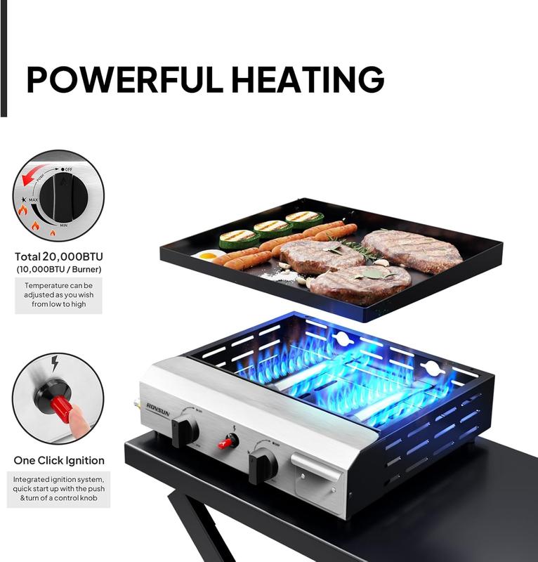 Plancha plegable de propano ROVSUN de 4 quemadores con ruedas y bandeja esmaltada, parrilla de gas portátil de superficie plana de 40000 BTU con encendido electrónico y regulador para cocinar al aire libre, acampar, barbacoas, picnics y eventos deportivos